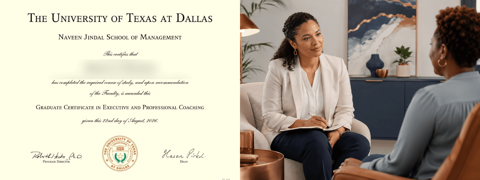 A UT Dallas coaching credential, alongside a coaching conversation